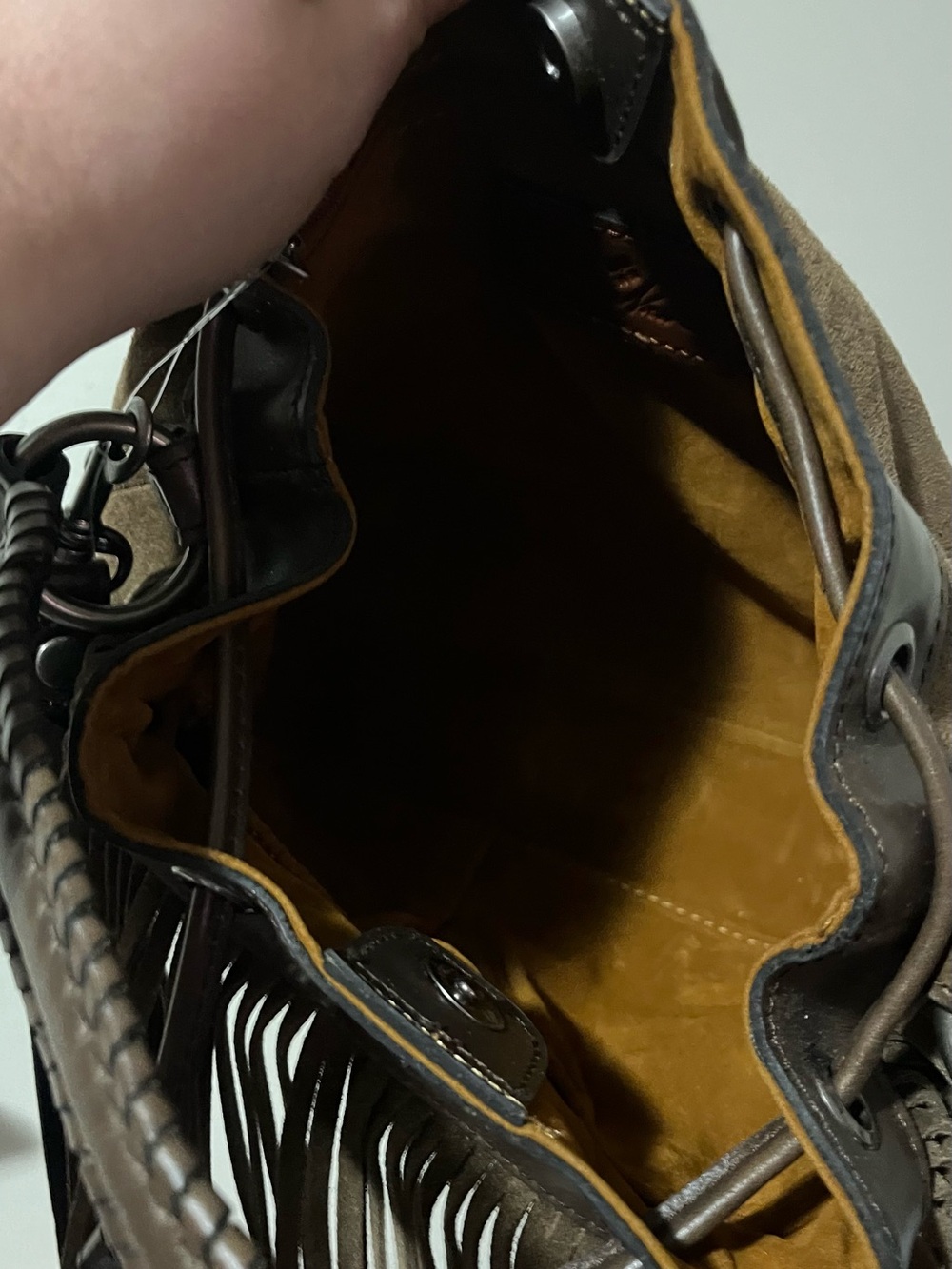 Patricia Nash Brown Suede Fringe Drawstring Shoulder Bag with Leather Trim - Picture 6 of 7